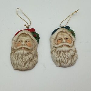Vintage Ceramic Santa Face Christmas Ornaments Set of 2 Red & Blue‎ Hats Holiday